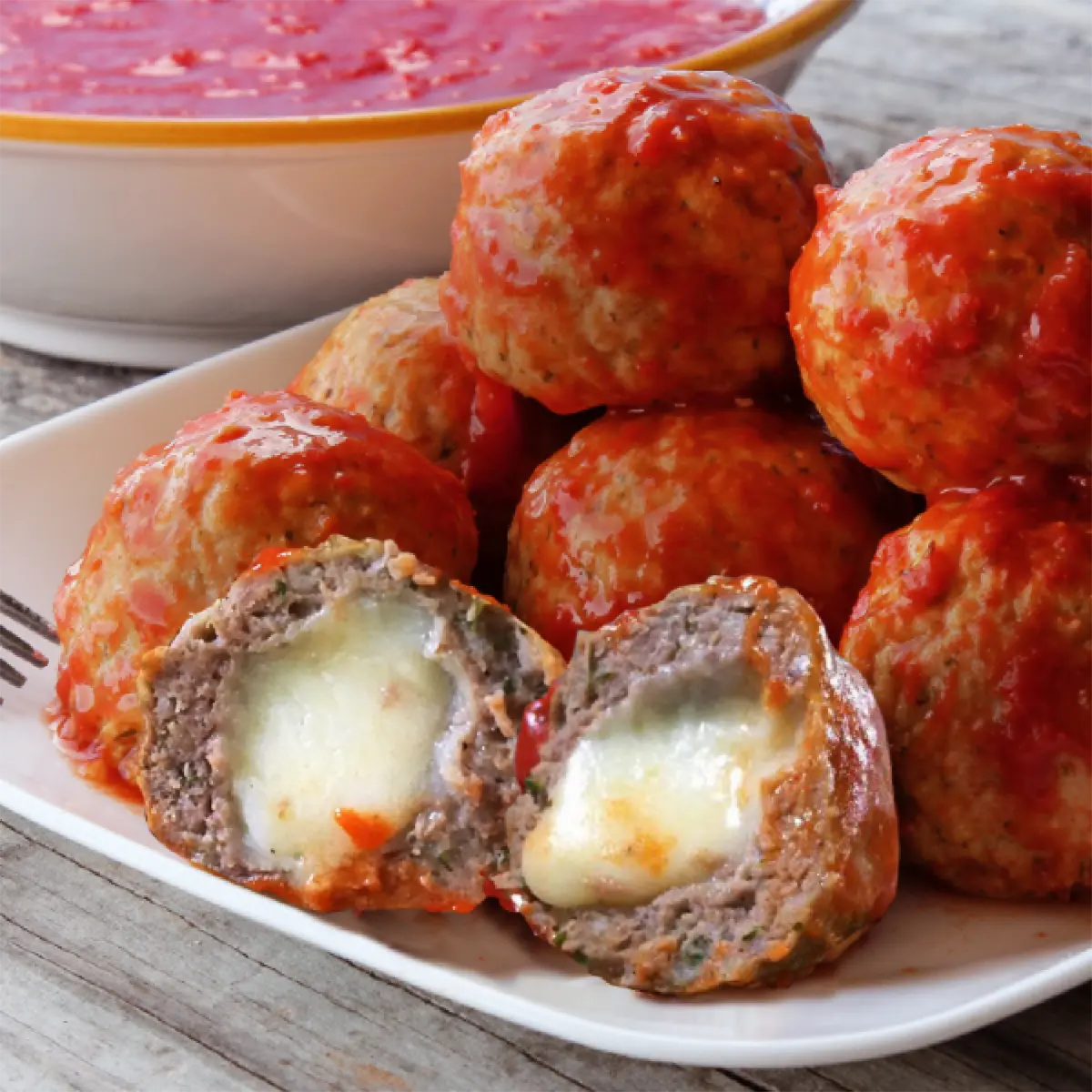 Five-Cheese Stuffed Beef Meatballs in Italian Style Sauce