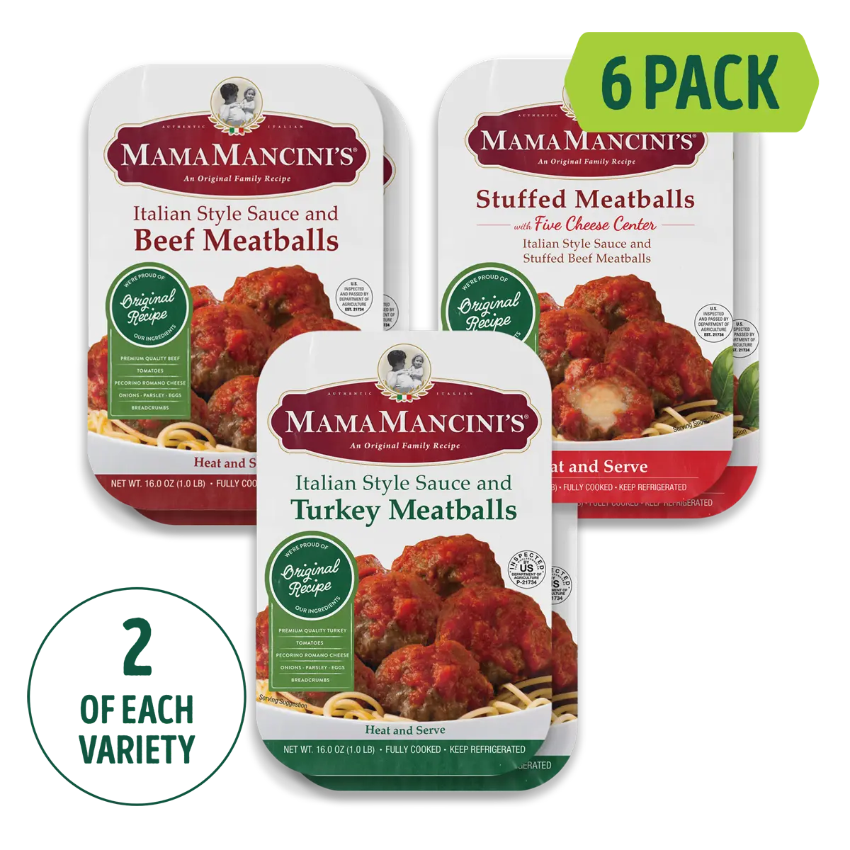 Variety Pack: (Beef, Turkey & Cheese-Stuffed) Meatballs in Italian Style Sauce (6 1lb Family Meals)